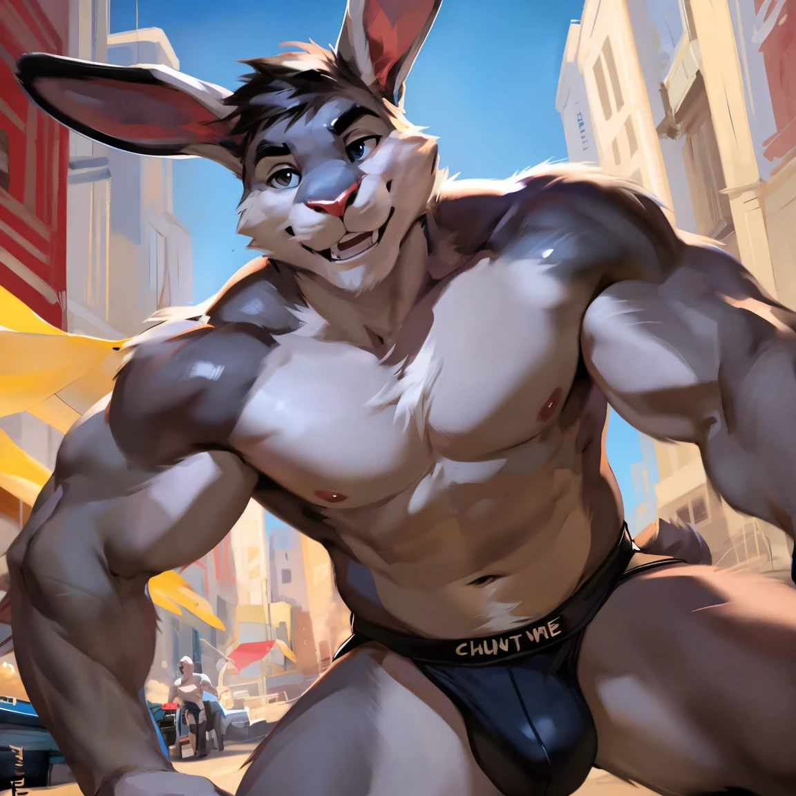 Rabbit, light gray rabbit, light gray, male solo, without hair, no hair, gray, rabbit ears, jockstrap, black jockstrap, black underwear ((underwear focus)) By chunie, by mystikfox61