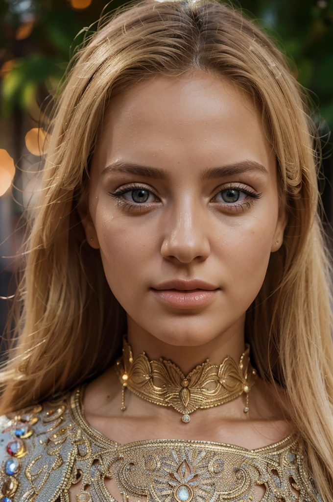 a beautiful blonde woman, beautiful golden blonde hair, detailed eyes, beautiful detailed lips, extremely detailed face, long eyelashes, in egypt, wearing a traditional outfit, (best quality,4k,8k,highres,masterpiece:1.2),ultra-detailed,(realistic,photorealistic,photo-realistic:1.37),HDR,UHD,studio lighting,ultra-fine painting,sharp focus,physically-based rendering,extreme detail description,professional,vivid colors,bokeh,portrait, with a view of gizeh pyramide