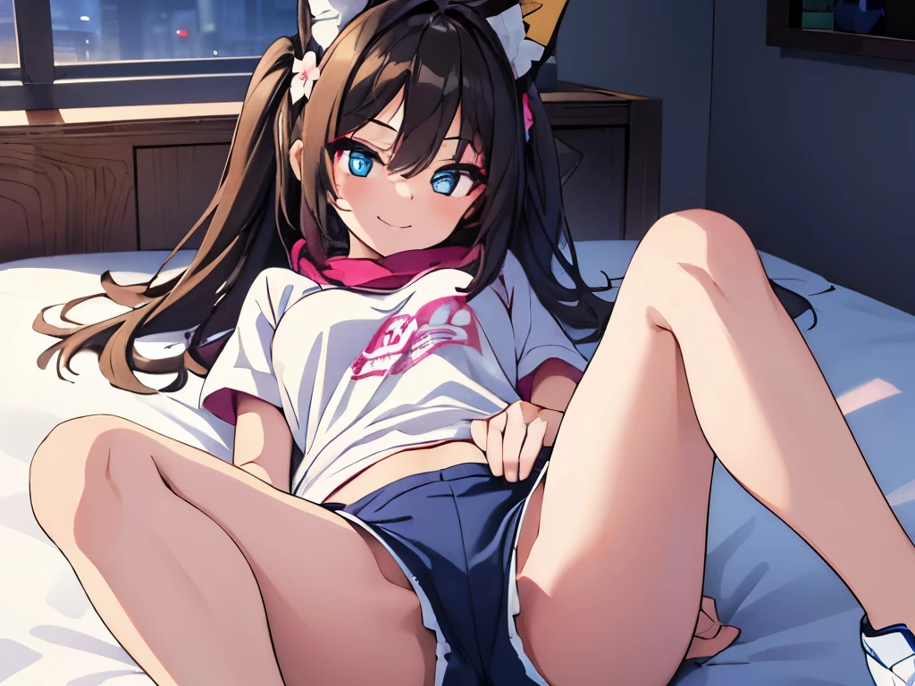 ((masterpiece)), ((best quality)), (ultra-detailed), anime style, on the bed, a cute girl, 1girl, solo, gym shorts00, ((beautiful eyes)), smile