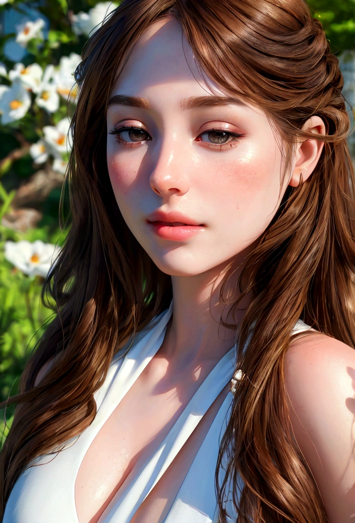 (Surrealistic style), (Girl 1_Pretty face with delicate features, long brown hair, bushy hair), (Beautiful woman_Clear and clean pale skin), Jeju Island, solo travel, white dress, breeze, fragrant midsummer , Nature, (Highest Quality, 4k, 8k, High Definition, Masterpiece: 1.2), Ultra Detail, (Realistic, Realistic, Realistic: 1.37), HDR, UHD, Studio Lighting, Sharp Focus, Physically Based Rendering, Highly Detailed, Professional ,Vivid colors,Bokeh,Portrait