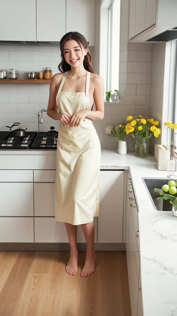 breasts,from sideview、(table top、highest quality、8K、Award-winning work、ultra high resolution)、one beautiful woman、(wearing the most natural and perfect apron:1.1)、(naked apron:1.2)、ponytailed hair、(Look at me with your best smile:1.1)、(Show your beautiful teeth and have the best smile:1.1)、perfect beautiful teeth、emphasize body line、(bust up photo:1.1)、(Photo above the waist:1.2)、big breasts、(The most natural and practical kitchen:1.1)、(Perfectly organized and clean kitchen:1.1)、(modern and elegant kitchen:1.1)、(Perfect kitchen with state-of-the-art induction:1.1)、(Beautiful modern kitchen with a unified feel:1.1)、(very bright:1.2)、(very bright and vivid:1.2)、bright、very bright、that&#39;It&#39;s very vivid、the most vivid、High chroma、radiant beautiful skin、A refreshing and beautiful perfect window、ultra high resolutionのperfect beautiful teeth、(Ultra high definition glossy skin:1.1)、(very brightly lit、bright and glowing skin:1.2)、Super high-definition sparkling eyes、(accurate anatomy:1.1)、(the most elegant and perfect posture:1.1)、big breasts