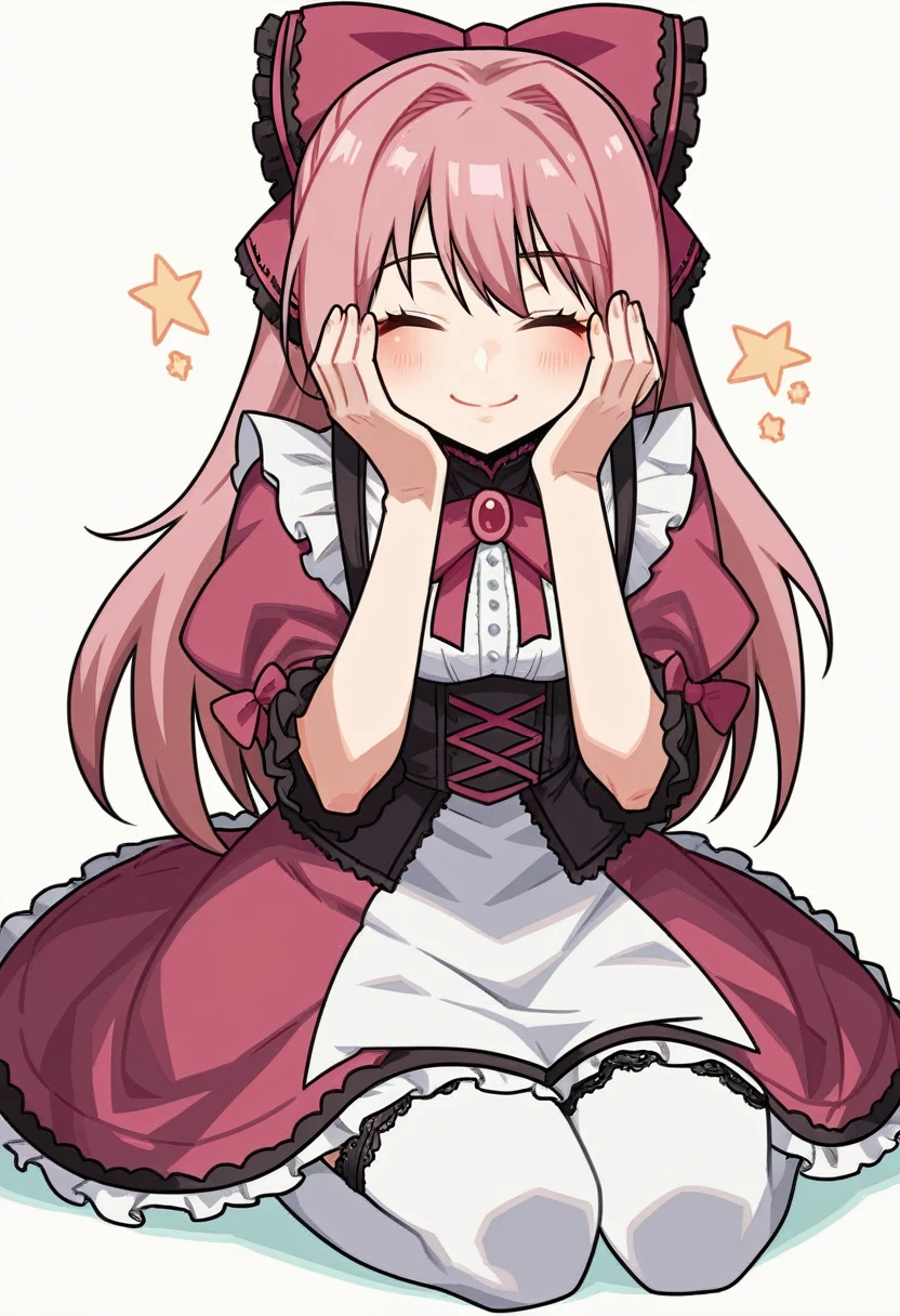 score_9, score_8_up, score_7_up, source_anime, BREAK, (((yew))), 1girl, solo, brown hair, closed eyes, hair bow, lolita, lolita fashion, lace stockings, hands on face, sitting, happy, light blush, smile, pink lolita dress, pink hair bow