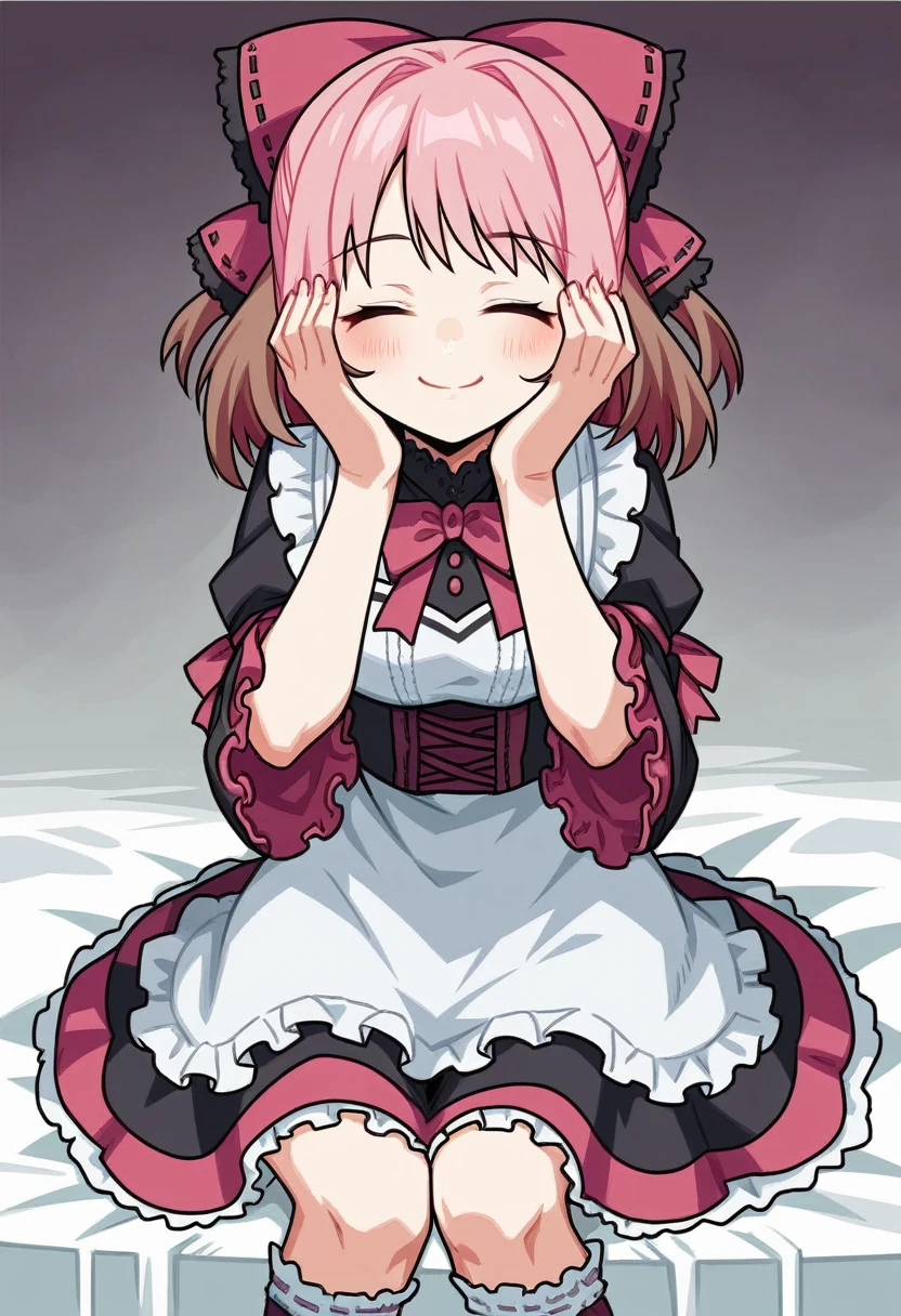 score_9, score_8_up, score_7_up, source_anime, BREAK, (((yew))), 1girl, solo, brown hair, closed eyes, hair bow, lolita, lolita fashion, lace stockings, hands on face, sitting, happy, light blush, smile, pink lolita dress, pink hair bow