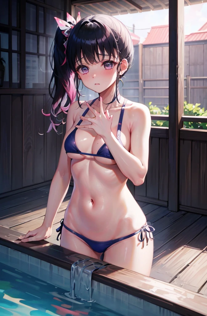 Random pose、Floral bikini、Yellow floral bikini、Random pose、cowgirl position、、cowgirl position、、Hide your with your hands、Blushing、Embarrassed expression、、Not wearing a bra、Black Hair、Side Ponytail、Pale purple eyes、、Blushing、lipstick、Perfect hands、Detailed hands、Poolside