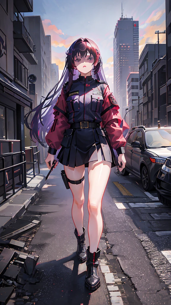 girl with long hair, perfect body, red-purple eyes, military jacket, beautiful thick thighs, purple-red and black clothes, military boots, many belts, carries an mp5 submachine gun, has war scars, badass expression, walking shot , full body focus, high definition details, military base background.