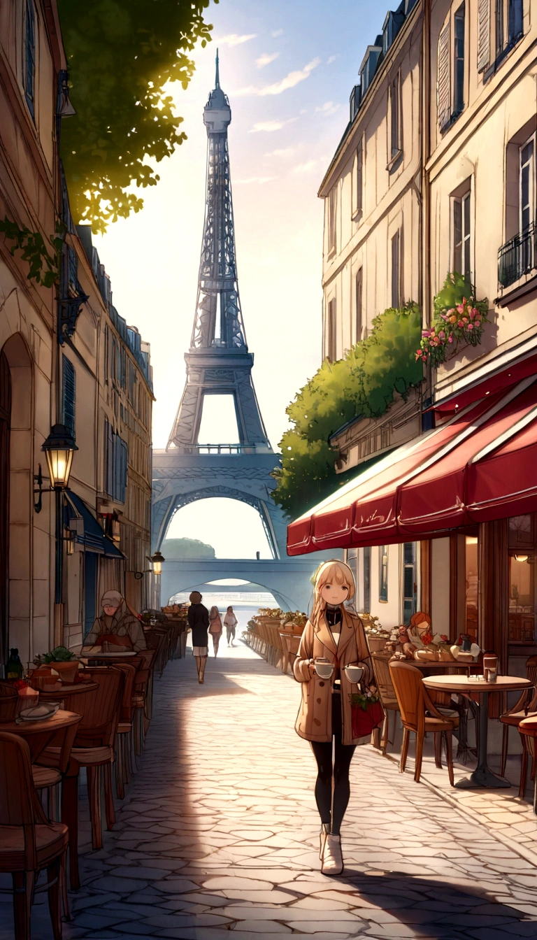 (Highest quality,Super detailed,High resolution:1.2),Vibrant colors,Professional,Paris morning view,Eiffel Tower:First Light,Beautiful detailed architecture,Romantic atmosphere,Vibrant Street,Quiet riverside,sunny,A fun breakfast scene,People enjoying coffee outdoors々,Stylish Fashion,A leisurely morning walk,One girl with a happy expression,Enchanting colors of the sunrise,Pleasant weather,Exquisite French pastries,Cobblestone Street,Old building with intricate details,flower arrangement,Cozy cafe with outdoor seating,Boats on the Seine,Lush trees along the street々,Artist sketching a scene,classic architecture,cloudless sky,Serene atmosphere,People jogging early in the morning,Quiet reflecting pond,Happy tourists soaking up the beauty of the city.
