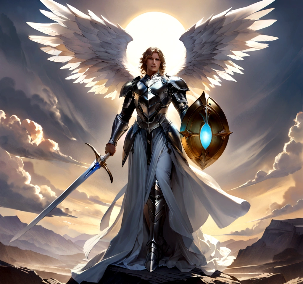 Create a breathtaking, realistic, and detailed digital painting of Archangel Michael, a powerful and radiant figure in the Christian tradition. He is commonly depicted as a warrior angel, defeating evil forces. In this image, depict Archangel Michael with a strong and protective posture, holding a sword in one hand and a shield in the other. His armor is made of gleaming silver metal, with accents of blue and white, representing purity and truth. His majestic wings are spread wide, showcasing his divine and celestial nature. He stands on a high rock, overlooking a magnificent landscape filled with clouds, a bright sun, and a hint of celestial architecture in the background. The color scheme should emphasize contrasts between light and shadow, with a subtle golden glow surrounding Archangel Michael's figure, emphasizing his divine nature. Make sure the details are sharp, and the composition is well-balanced, with a focus on Archangel Michael's determined expression and heroic stance.