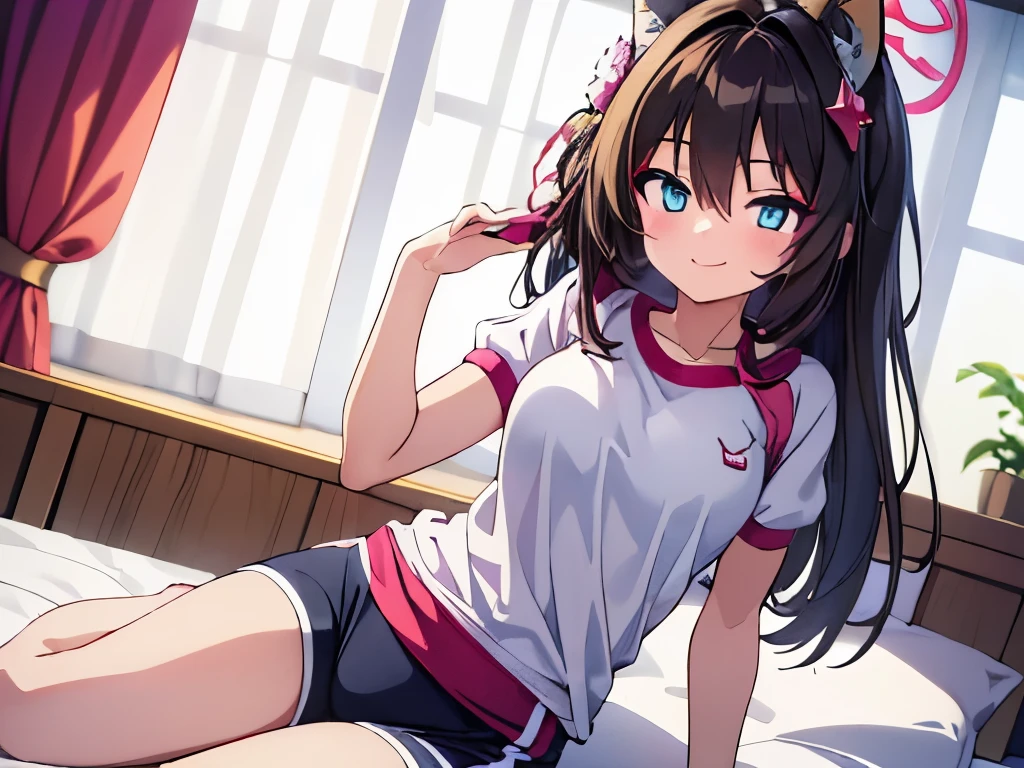 ((masterpiece)), ((best quality)), (ultra-detailed), anime style, on the bed, a cute girl, 1girl, solo, gym shorts00, ((beautiful eyes)), smile