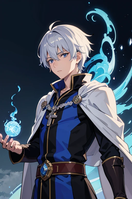 masterpiece, Highest quality, High resolution,Anime Style、Anatomically correct、Silver Hair、Short Hair、male、Wizard、Robe、magic、Blue Flame Cross、With an ancient castle in the background、Upper body only