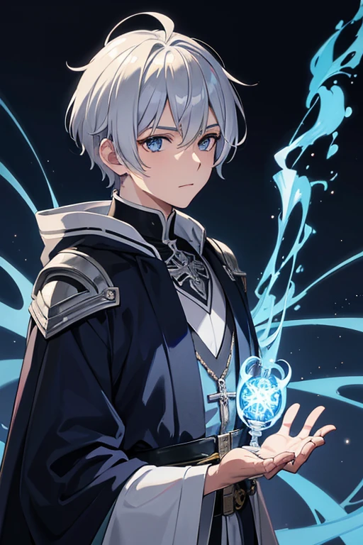 masterpiece, Highest quality, High resolution，Anime Style、Anatomically correct、Silver Hair、Short Hair、male、Wizard、Robe、magic、Blue Flame Cross、With an ancient castle in the background、Upper body only