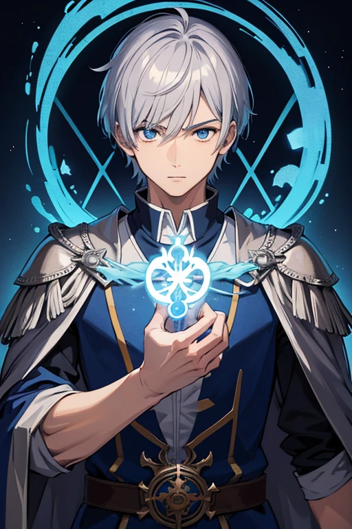 masterpiece, Highest quality, High resolution，Anime Style、Anatomically correct、Silver Hair、Short Hair、male、Wizard、Robe、magic、Blue Flame Cross、With an ancient castle in the background、Upper body only