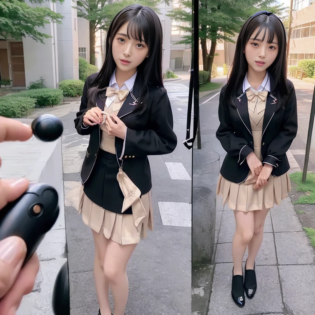 high quality, masterpiece, Very detailed, 8K, a  beautiful Japanese woman:1.5, Small face, Black Hair, Breast Augmentation Surgery, (Detailed High School Uniforms:1.5), remote_play, remote_Vibrate、　(climax:1.5)