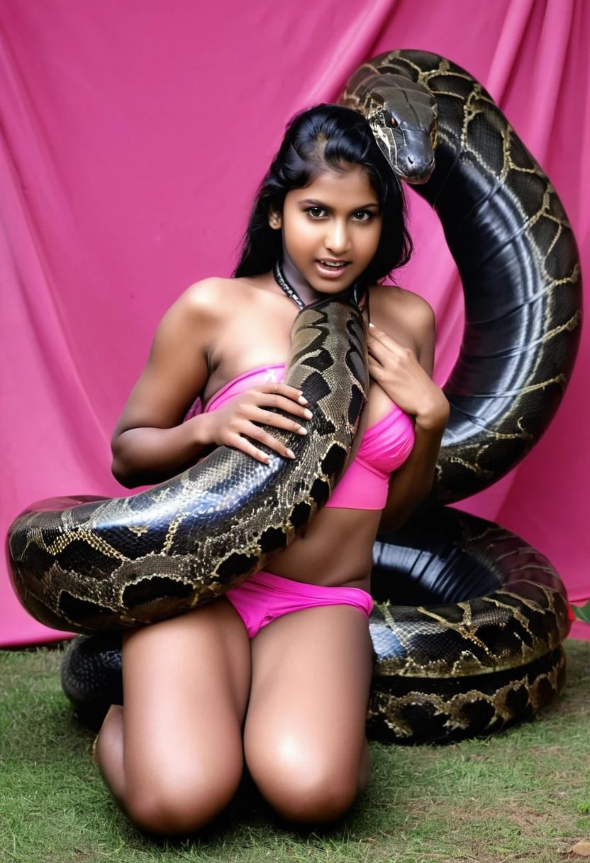 Topless Pink thong   Happy Horny, aroused 1girl), beautiful kneeling Indian  young teen girl with  giant colossal black titanboa squeezing her hard, wrapped in thick spiraling coils, constricted, struggle, gasping for air, snake attack, snake peril,