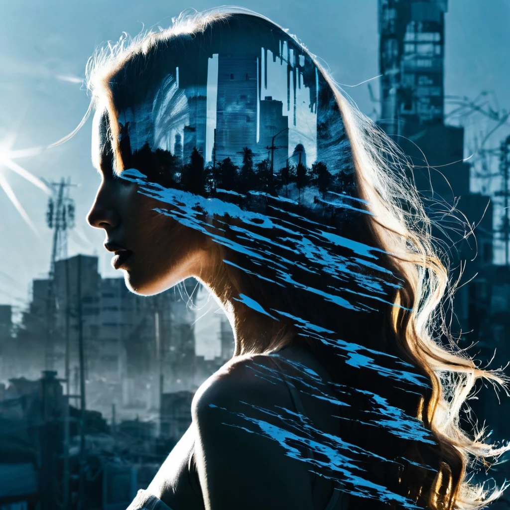 Masterpiece double exposure of a long hair beauty woman silhouette with duo tone apocalypse aftermath in the underlying backdrop, sharp contrast, detailed crisp lines, in focus, double exposure, high quality, high detail, high resolution