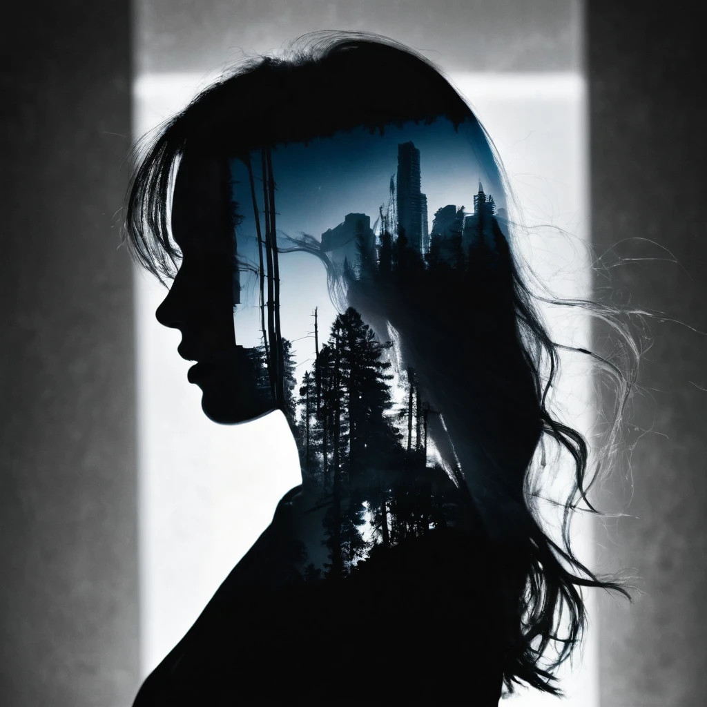 Masterpiece double exposure of a long hair beauty woman silhouette with duo tone apocalypse aftermath in the underlying backdrop, sharp contrast, detailed crisp lines, in focus, double exposure, high quality, high detail, high resolution