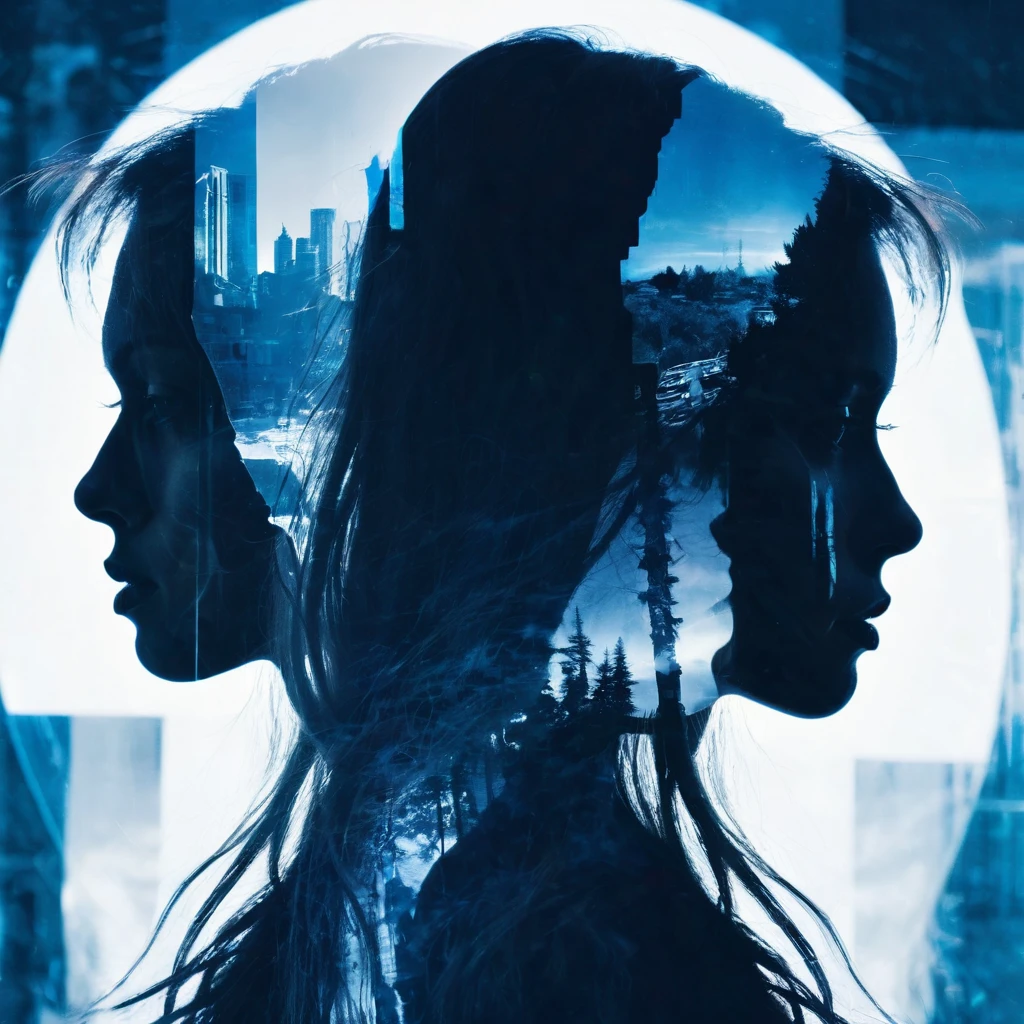 Masterpiece double exposure of a long hair beauty woman silhouette with duo tone apocalypse aftermath in the underlying backdrop, sharp contrast, detailed crisp lines, in focus, double exposure, high quality, high detail, high resolution