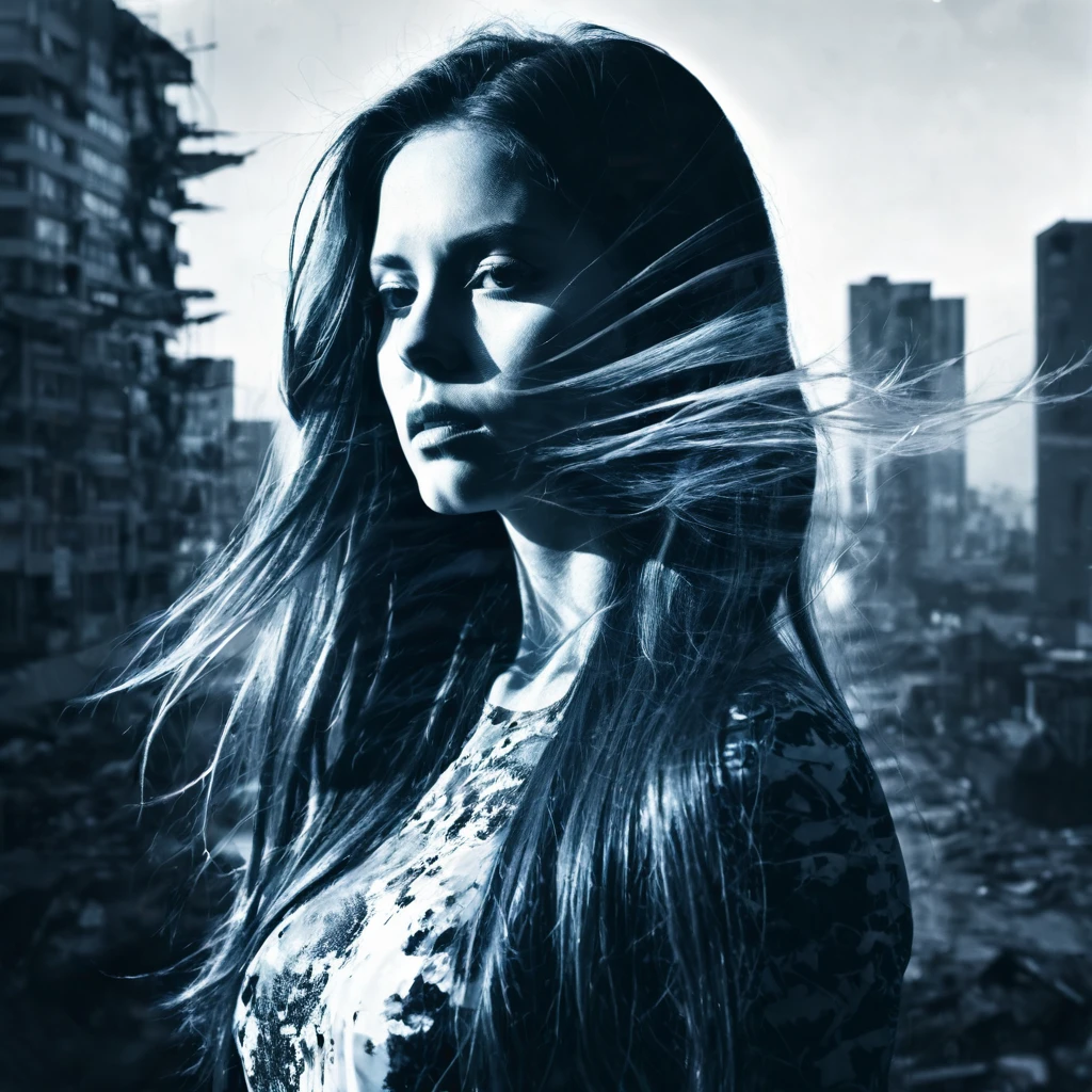 Masterpiece double exposure of a long hair beauty woman silhouette with duo tone apocalypse aftermath in the underlying backdrop, sharp contrast, detailed crisp lines, in focus, double exposure, high quality, high detail, high resolution