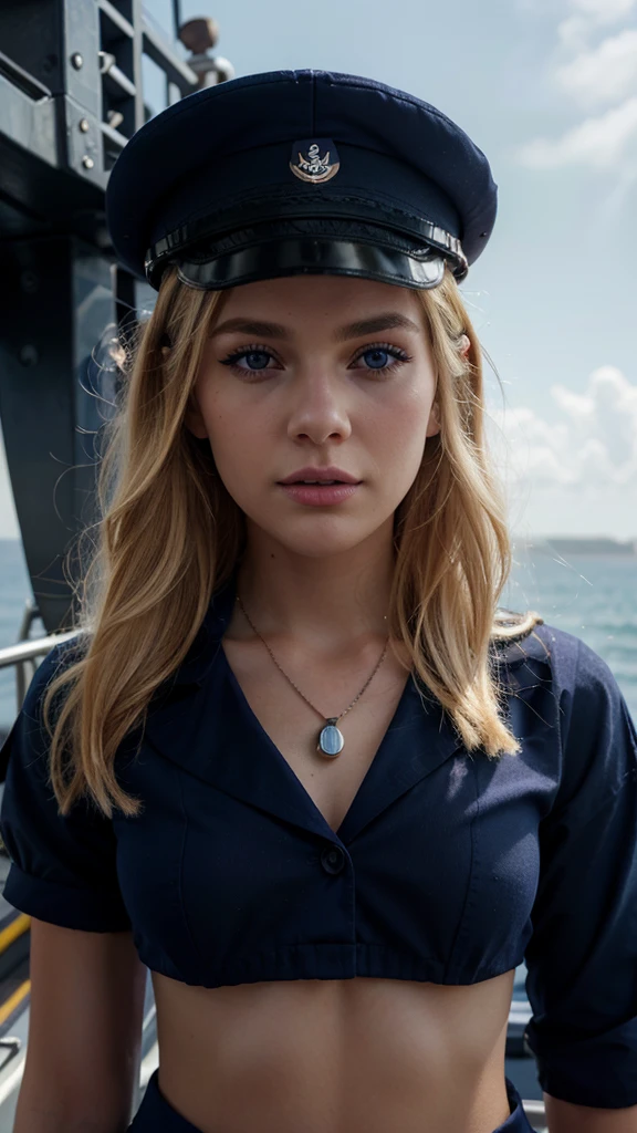 a beautiful blonde girl wearing a US navy sailor uniform, detailed face, beautiful eyes, long eyelashes, detailed skin, jewelry, navy cap, military uniform, standing on a ship deck, ocean background, dramatic lighting, vibrant colors, cinematic, 8k, photorealistic