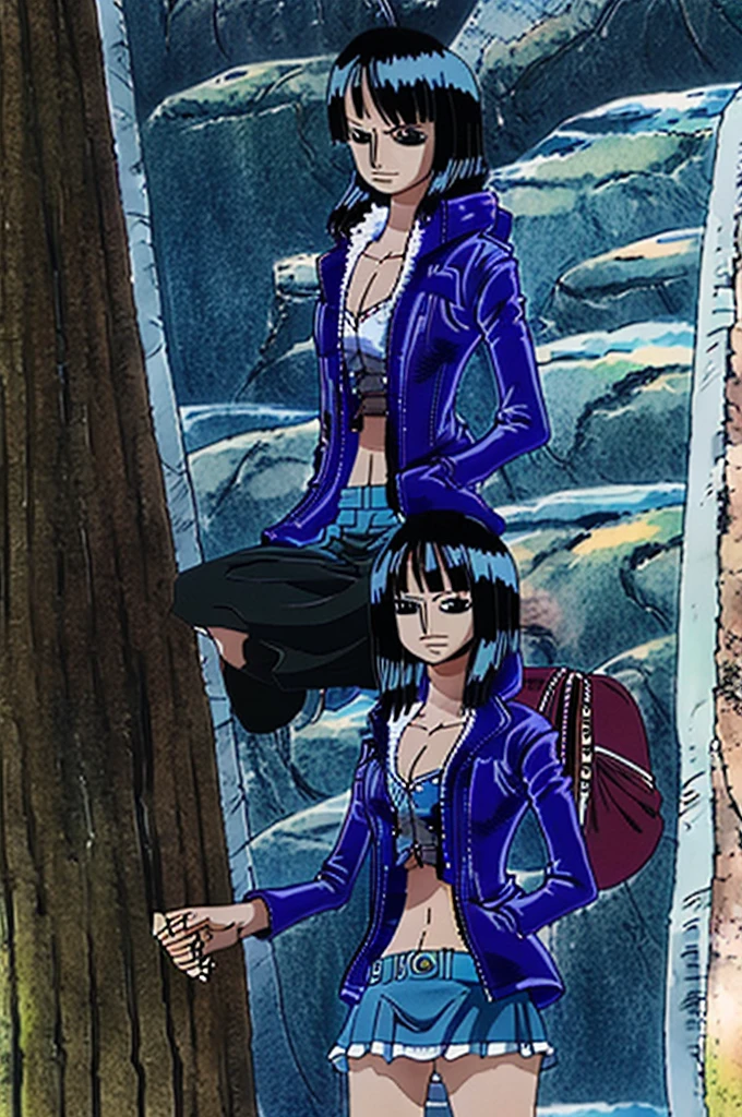 best qualityer, one piece, red fox, Woman, cauda de red fox, orelha de red fox, jeans jacket, red backpack on the back, denim skirt, black boot, eyes browns, chestnut hair