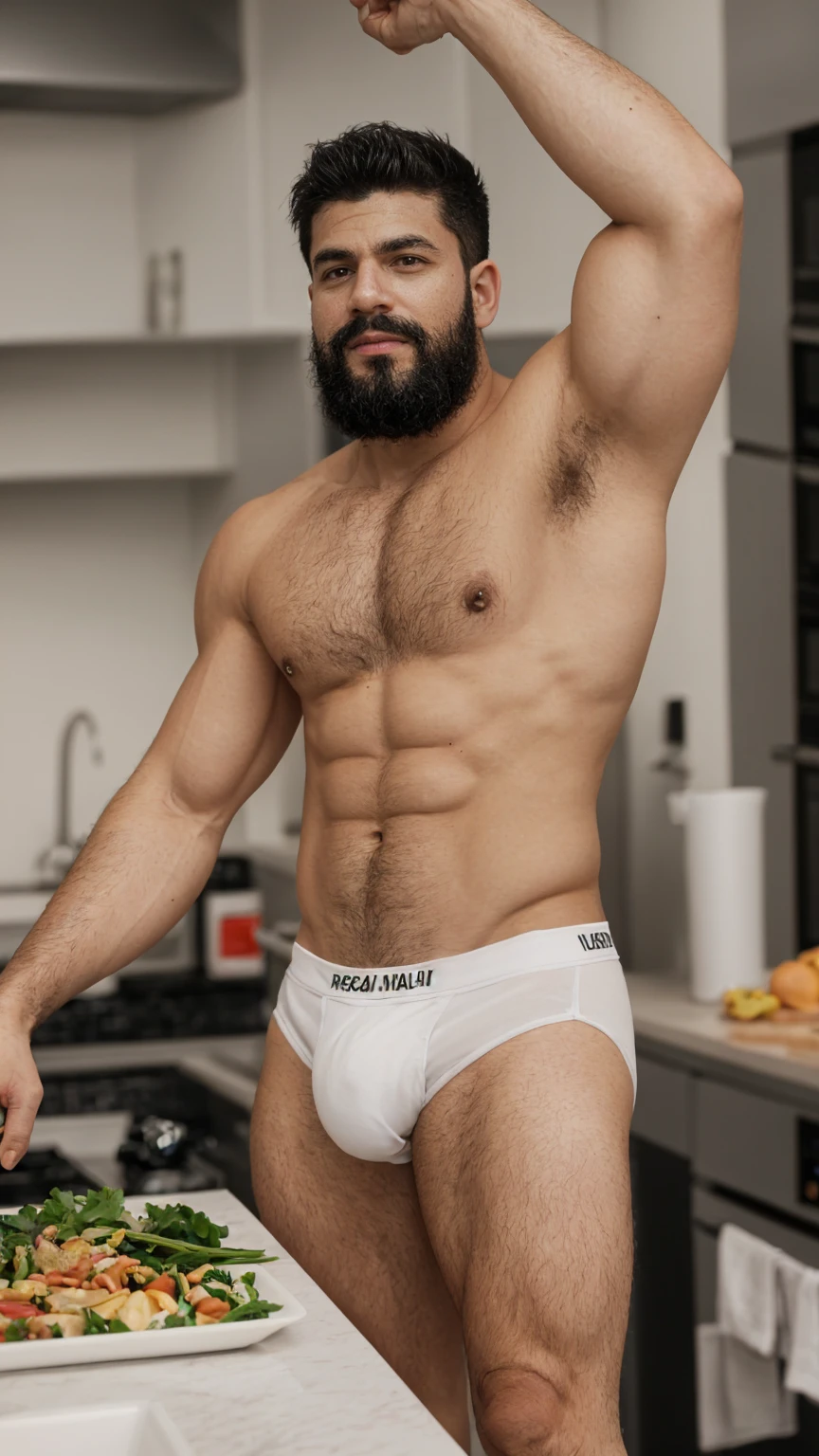 Real image of muscular and hairy Latino, short black hair, short beard, shirtless, wearing a white boxer, prepare dinner in a kitchen . it's night. side angle.
