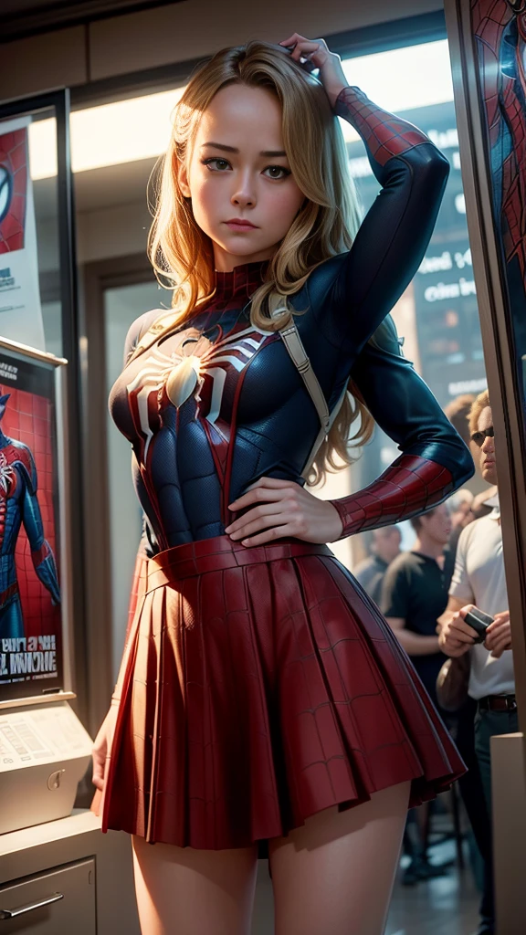 Brie Larson、マーベルコミックの映画Poster、so beautiful、Movies about Spider-Man、sexy、whole body、Wearing a skirt、Premiere Date、Poster、belly buttonを突き出す、new york、She&#39;s wearing a ripped Spiderman suit、The suit is torn、Wearing a skirt、Red and black color scheme、dynamic、masterpiece、Highest quality、Super detailed、Very detailed、Delicate and beautiful shine、Ultra-high resolution、Cinematic、break、breakドロップ、(Torn clothes:1.5)、(Wet clothes:1.4)、Bare shoulders、Real Rain、Wet Hair、belly button、Exposed Skin、sexyな肩を披露