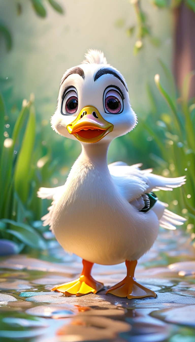 cute tiny duck, cartoon , arms, hands ,cute eyes, looking at viewer, arms up, clean background