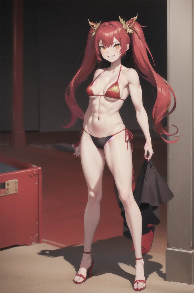 chap: Digital art style: Anime style color: Predominantly red with black and white contrasts, eyecolor: bright crimson red, with luminous reflections. Hair color Black with red highlights, coiffure: Longo com twintails, adorned with traditional red and gold hair ornament, (((mischievous and playful smile with a touch of mischief))), muscular and sadistic legs, (((scene beach))), standing, (photo by full body), manicured nails, red nails, ((wearing a very short and sexy bikini)), dolce