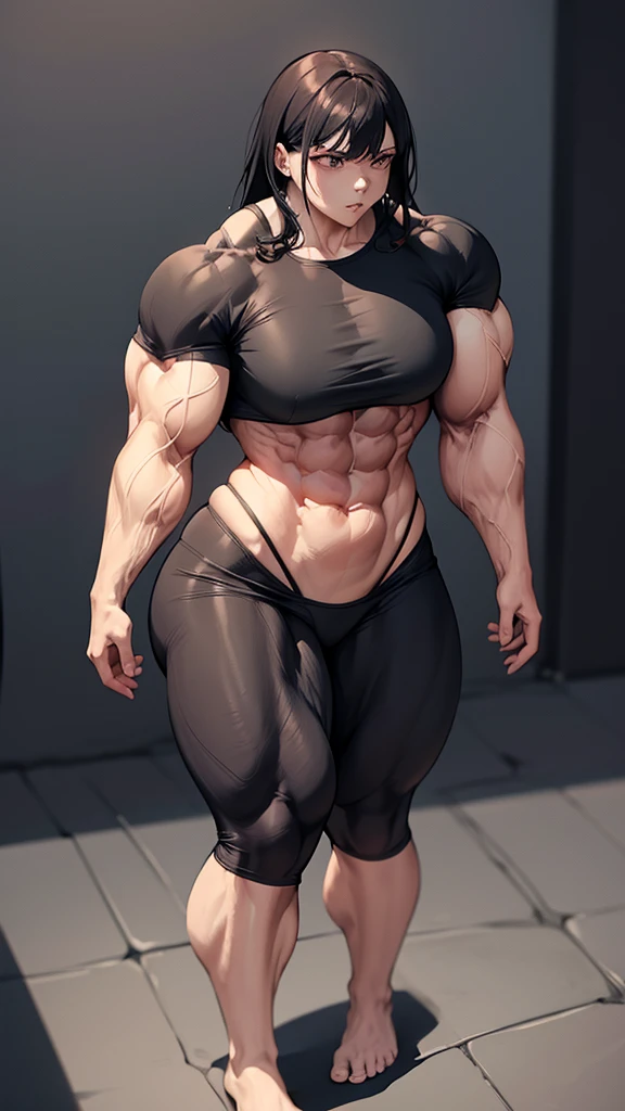 Woman in black bikini and small man in white shirt, weak and small man, thin and small physique, Very beauthful. , ,weak and defenseless man, small physique, , muscular ultraviolent woman, muscular and scary, absurdly huge physique, big muscles, extremely muscular woman,