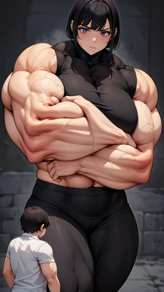 Woman in black bikini and small man in white shirt, weak and small man, thin and small physique, Very beauthful. , ,weak and defenseless man, small physique, , muscular ultraviolent woman, muscular and scary, absurdly huge physique, big muscles, extremely muscular woman,