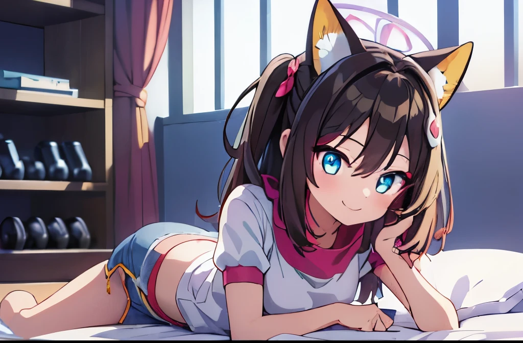 ((masterpiece)), ((best quality)), (ultra-detailed), anime style, on the bed, a cute girl, 1girl, solo, gym shorts00, ((beautiful eyes)), smile
