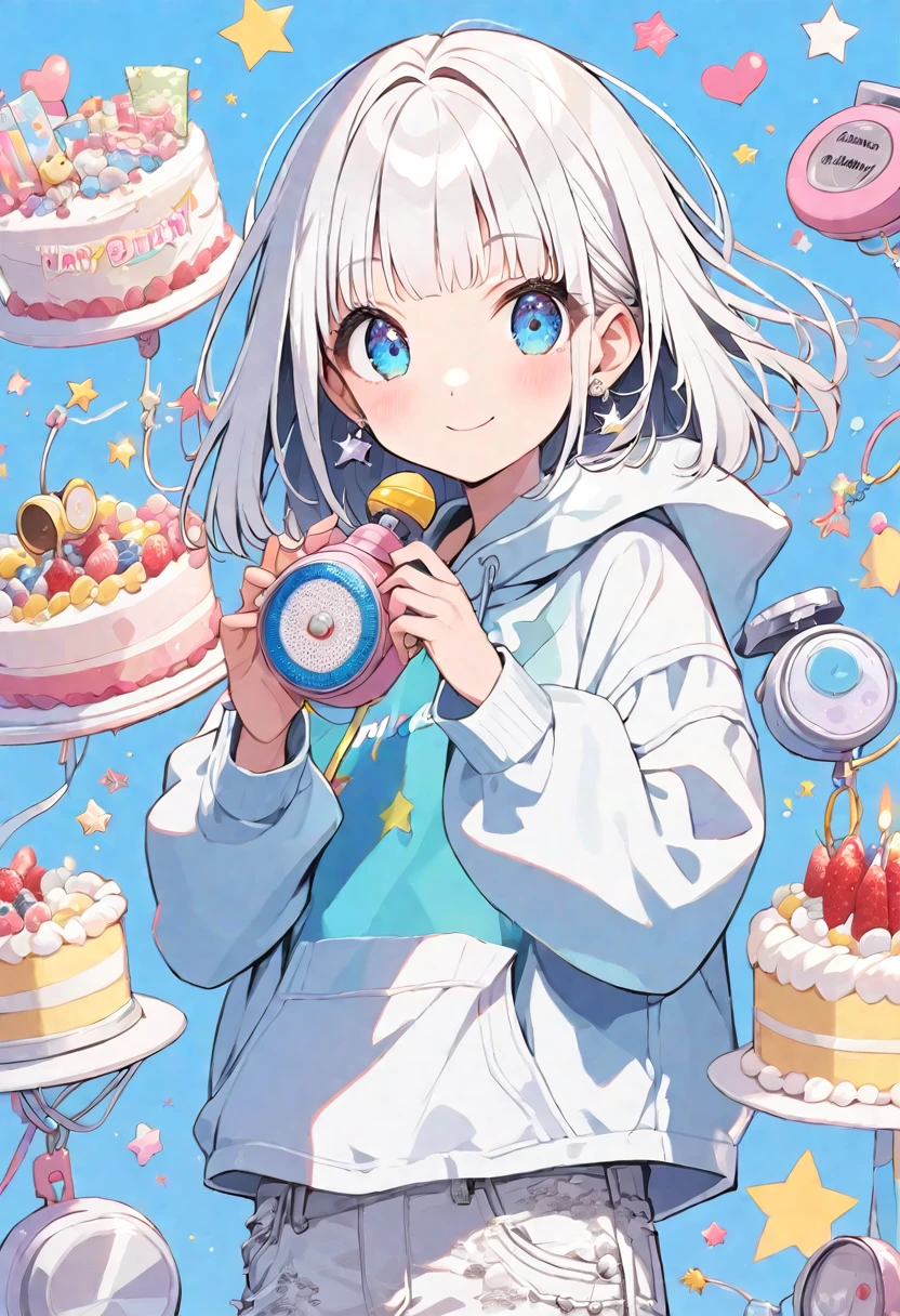 solo,handsome,
1. Female,
,Straight Hair,Bob Hair, Bob,
White hair,
Kazuka Nakano ,
blue eyes,Soft look,beautiful,beautiful,ta,,Lots of silver earrings,
White Distressed jeans, hoodie ,smile,skin,buzzer,
birthday cake ,Star,heart,Sparkling ,
simple background ,
Blue background,