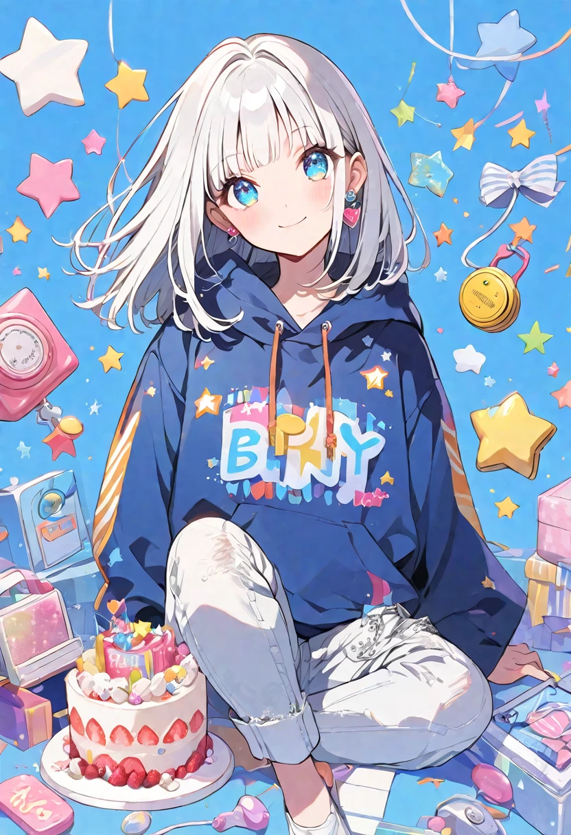 solo,handsome,
1. Female,
,Straight Hair,Bob Hair, Bob,
White hair,
Kazuka Nakano ,
blue eyes,Soft look,beautiful,beautiful,ta,,Lots of silver earrings,
White Distressed jeans, hoodie ,smile,skin,buzzer,
birthday cake ,Star,heart,Sparkling ,
simple background ,
Blue background,