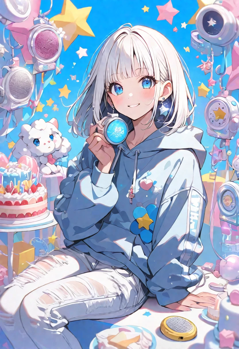 solo,handsome,
1. Female,
,Straight Hair,Bob Hair, Bob,
White hair,
Kazuka Nakano ,
blue eyes,Soft look,beautiful,beautiful,Lolita,,Lots of silver earrings,
White Distressed jeans, hoodie ,smile,skin,buzzer,
birthday cake ,Star,heart,Sparkling ,
simple background ,
Blue background,