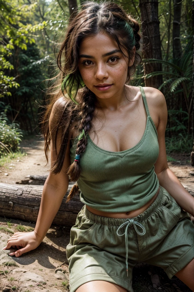 [[((young attractive Mexican woman with green streaks in her plaited hair, very light, barely visible cute freckles on her cheeks, and distinctive light brown eyes:1.5)), ((Martina Sánchez:1.4)), hiking through a dense forest with sunlight filtering through the trees. Martina is wearing ((a fitted tank top, hiking shorts, and sturdy boots:1.3)) with a small backpack. She has an adventurous and joyful expression. The background features lush greenery and tall trees. The scene is captured with a ((digital SLR:1.3)) using a ((35mm prime lens:1.3)) for a wide-angle view. Post-production focuses on enhancing the natural colors, highlighting her unique features, and adding a ((soft bokeh effect:1.2)) to the background. The image should be in ((8K resolution:1.2)) with ((hyper-realistic detail:1.4)). The focus is on Martina's unique plaited hair, freckles, and light brown eyes, showcasing her adventurous spirit.]]
