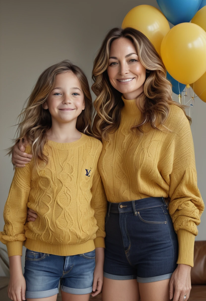 A real photograph of a half-smiling 45-year-old woman, half-saggy breasts, curvy body, and layered wavy brown hair falling in front, standing next to her smiling -yeld dater. The 45-year-old woman is wearing a luxurious black and gold Louis Vuitton sweater, navy blue mini shorts with tears, she looks beautiful, her daughter is wearing a mustard Gucci sweater. They have almond-shaped eyes, a children's party background, full of sex and depravity with colored balloons. The two look at the photographer, hyperreal, better photography, photorealistic, lifting their shirt.