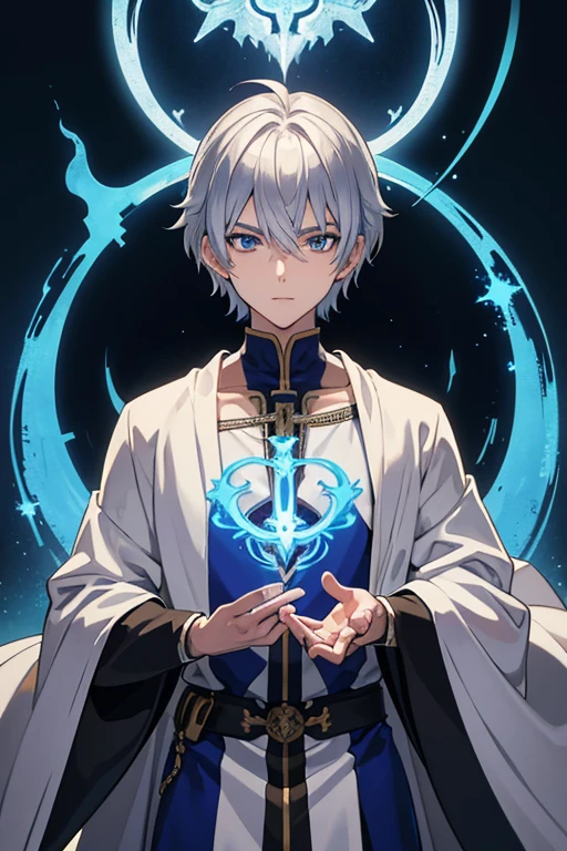 masterpiece, Highest quality, High resolution，Anime Style、Anatomically correct、Silver Hair、Short Hair、male、Wizard、White Robe、magic、Blue Flame Cross、With an ancient castle in the background、Upper body only