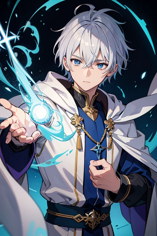 masterpiece, Highest quality, High resolution，Anime Style、Anatomically correct、Silver Hair、Short Hair、male、Wizard、White Robe、magic、Blue flame cross and red flame ball、With an ancient castle in the background、Upper body only