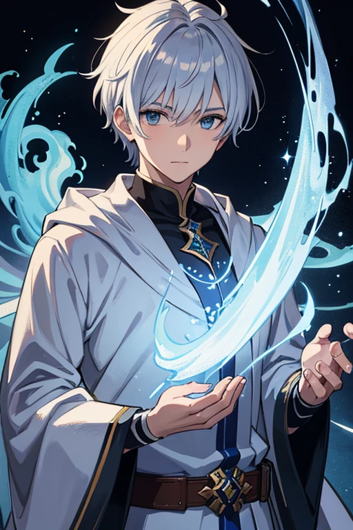 masterpiece, Highest quality, High resolution，Anime Style、Anatomically correct、Silver Hair、Short Hair、male、Wizard、White Robe、magic、Blue flame cross and red flame ball、With an ancient castle in the background、Upper body only