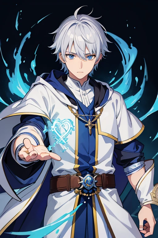 masterpiece, Highest quality, High resolution，Anime Style、Anatomically correct、Silver Hair、Short Hair、male、Wizard、White Robe、magic、Blue flame cross and red flame ball、With an ancient castle in the background、Upper body only