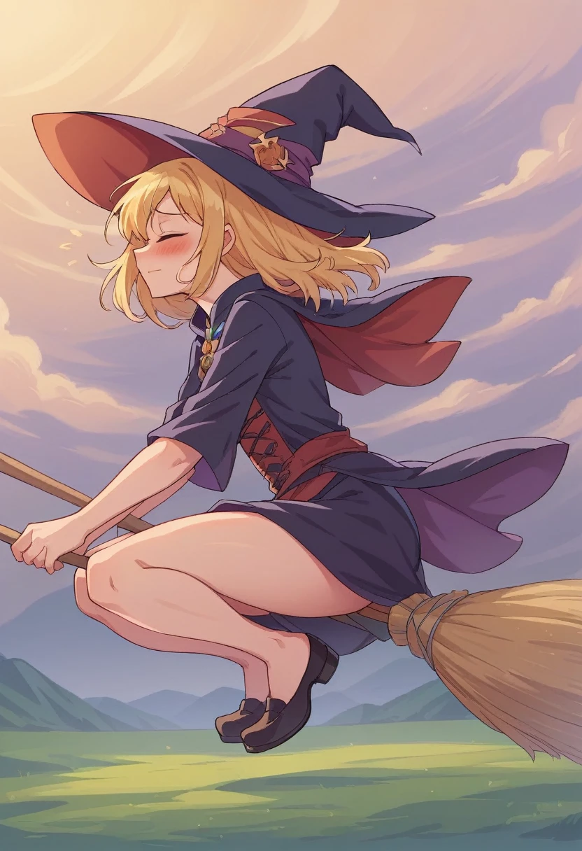 ((((空を飛ぶwitch))),((Ride a broom)),Straddling a broom,Fantasy,Beautiful light and shadow,Anatomically correct,masterpiece,Highest quality,最高masterpiece,8K,Use of magic,witch:witchの帽子:witchの衣装:Familiar,Wind,Fantasy,wonderful,An illustration,Digital Art,wonderful,wonderful,カラーAn illustration,Rich colors,Blushing,Eyes closed,Mouth closed,Holding the end of the broom tightly with both hands,slightly squatting,Both feet are on the ground,Both feet are wearing shoes