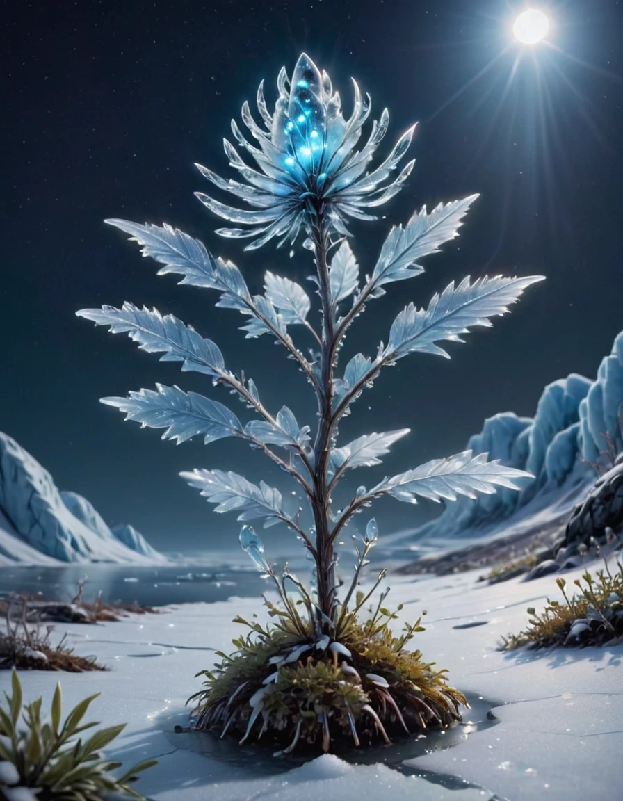 Create an image of a rare plant called Shiverbug, which grows exclusively in the remote, icy regions of the Arctic tundra. The plant should have luminescent, crystalline leaves that emit a bluish glow under the moonlight, and delicate, silver-colored stems that appear to be made of ice. The Shiverbug plant grows in small clusters hidden among snowdrifts and ice blocks. During the day, it appears almost transparent, but at night, it reveals its magical nature with a flickering brightness that attracts Arctic night birds and insects. The scene should depict a snowy, moonlit Arctic landscape with Shiverbug plants standing out as small, glowing jewels amidst the harsh and barren environment.