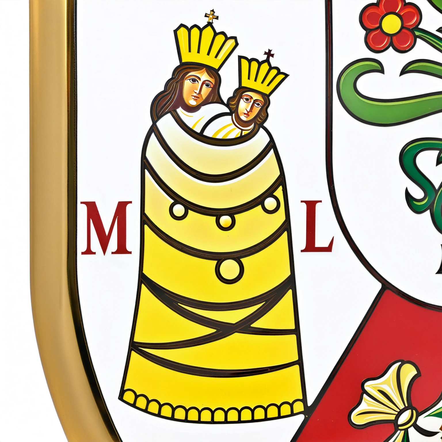 a close up of a coat of arms with a woman and a man, coat of arms, family crest, by Márta Lacza, roman catholic icon, manila, emblem, múseca illil, closeup of arms, in detail, added detail, lit up, with jesus, much detail, royal insignia in background