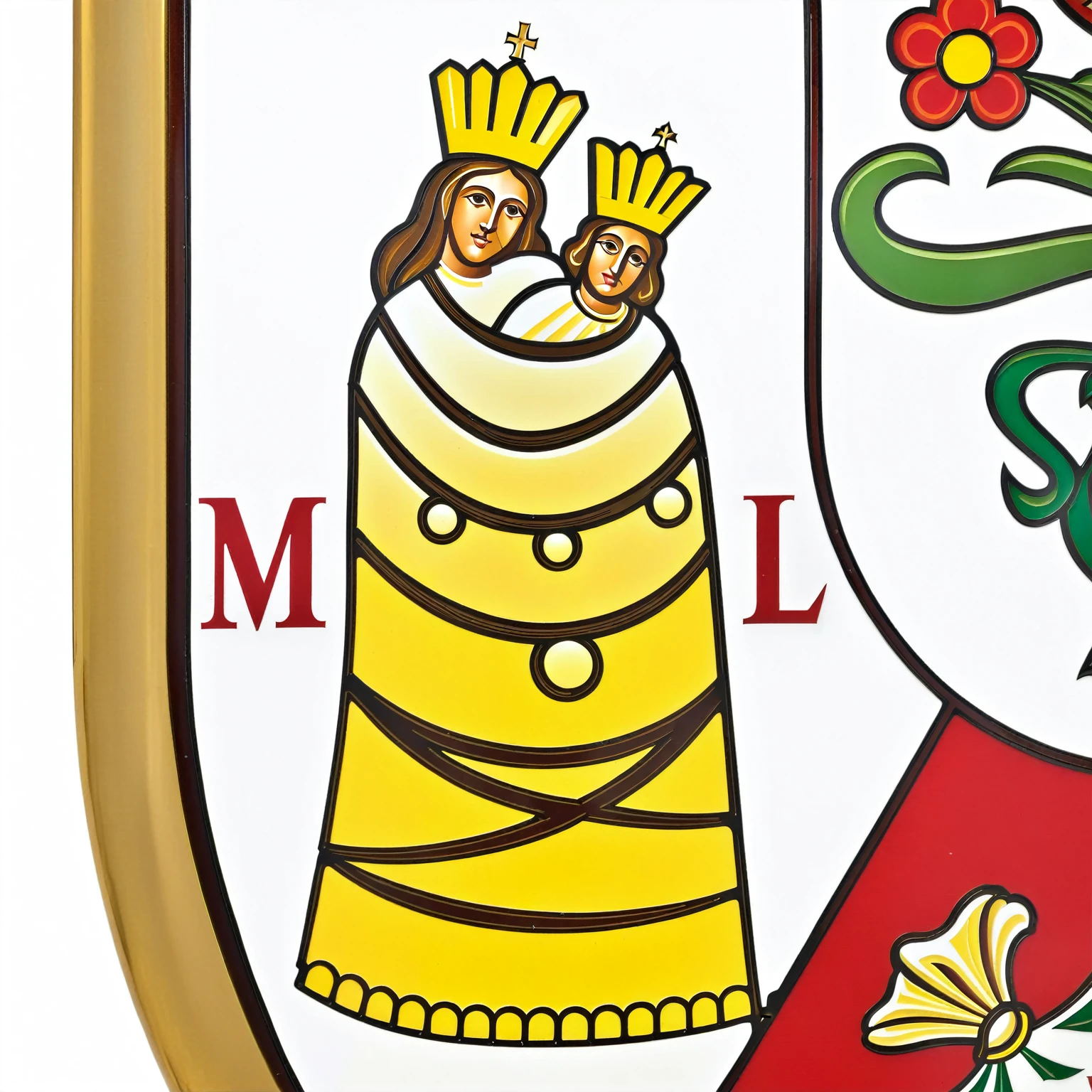 a close up of a coat of arms with a woman and a man, coat of arms, family crest, by Márta Lacza, roman catholic icon, manila, emblem, múseca illil, closeup of arms, in detail, added detail, lit up, with jesus, much detail, royal insignia in background