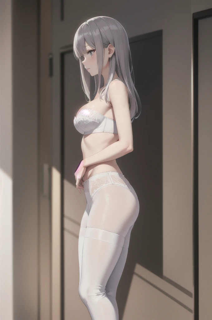 Kizi, whole body, very big chest, gray hair, medium shoulder-length hair, long bangs, standing, white bra, lingerie white, milf, mellow, from front view, transparent white leggings, Strapless bra, good standard