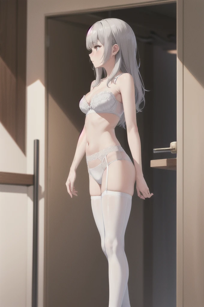 Kizi, whole body, very big chest, gray hair, medium shoulder-length hair, long bangs, standing, white bra, lingerie white, milf, mellow, from front view, transparent white leggings, Strapless bra, good standard