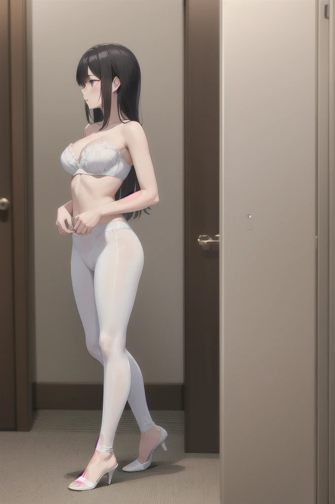 Kizi, whole body, very big chest, gray hair, medium shoulder-length hair, long bangs, standing, white bra, lingerie white, milf, mellow, from front view, transparent white leggings, Strapless bra, good standard