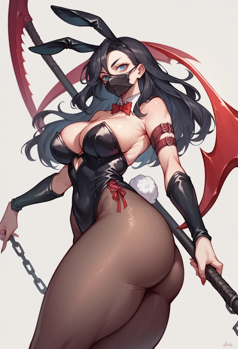 girl with blue eyes, long black hair with red tips, bunnygirl, black bunny ears, reddish black mask, big , big ass, big thighs, holding purple scythe