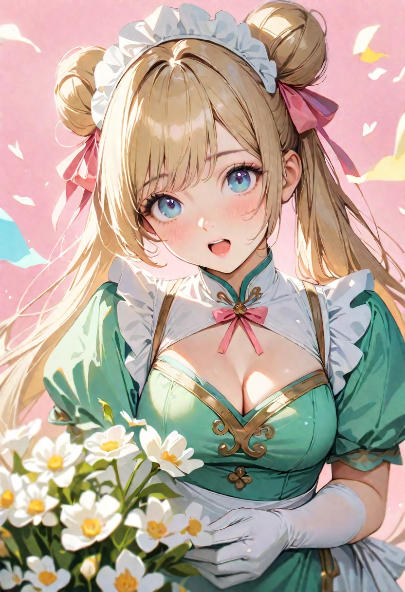 30 years old,1 mature woman,hyperrealistic, 8k, (extremely detailed 8k), (very delicate and beautiful), (masterpiece), (better quality:1.0), (ultra high resolution:1.0), (masterpiece, best quality), cute,blonde,cleavage cutout,(broen dress:1.3),gleaming skin,twintails,twin bun,a pink ribbon on the head,long hair,pastel green chinese maid dress,pastel green chinese dress,white long gloves,hold a bouquet of flowers,face and body straight at the camera,a bunch of flowers,POV,bust shot,white frill,puffy sleeves,laugh with open mouth,tareme,sky blue eyes,short truffle half apron,a gold buckle around someones neck,white corset,pink background