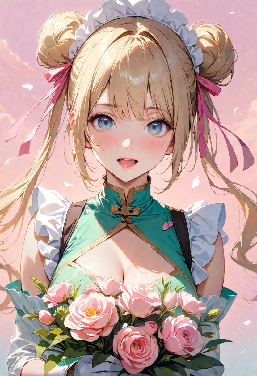 30 years old,1 mature woman,hyperrealistic, 8k, (extremely detailed 8k), (very delicate and beautiful), (masterpiece), (better quality:1.0), (ultra high resolution:1.0), (masterpiece, best quality), cute,blonde,cleavage cutout,(broen dress:1.3),gleaming skin,twintails,twin bun,a pink ribbon on the head,long hair,pastel green chinese maid dress,pastel green chinese dress,white long gloves,hold a bouquet of flowers,face and body straight at the camera,a bunch of flowers,POV,bust shot,white frill,puffy sleeves,laugh with open mouth,tareme,sky blue eyes,short truffle half apron,a gold buckle around someones neck,white corset,pink background