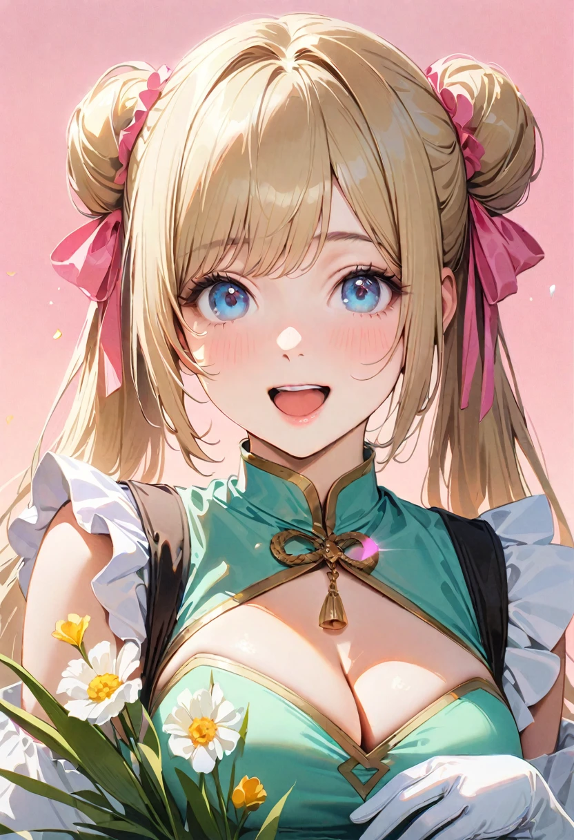 30 years old,1 mature woman,hyperrealistic, 8k, (extremely detailed 8k), (very delicate and beautiful), (masterpiece), (better quality:1.0), (ultra high resolution:1.0), (masterpiece, best quality), cute,blonde,cleavage cutout,(broen dress:1.3),gleaming skin,twintails,twin bun,a pink ribbon on the head,long hair,pastel green chinese maid dress,pastel green chinese dress,white long gloves,hold a bouquet of flowers,face and body straight at the camera,a bunch of flowers,POV,bust shot,white frill,puffy sleeves,laugh with open mouth,tareme,sky blue eyes,short truffle half apron,a gold buckle around someones neck,white corset,pink background